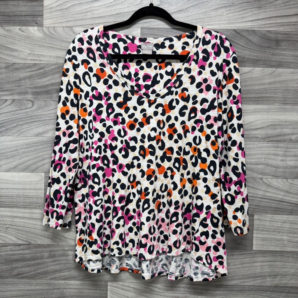 Chico's Blouse Womens Large Cream Leopard Print Cotton Long Sleeve Pullover Top